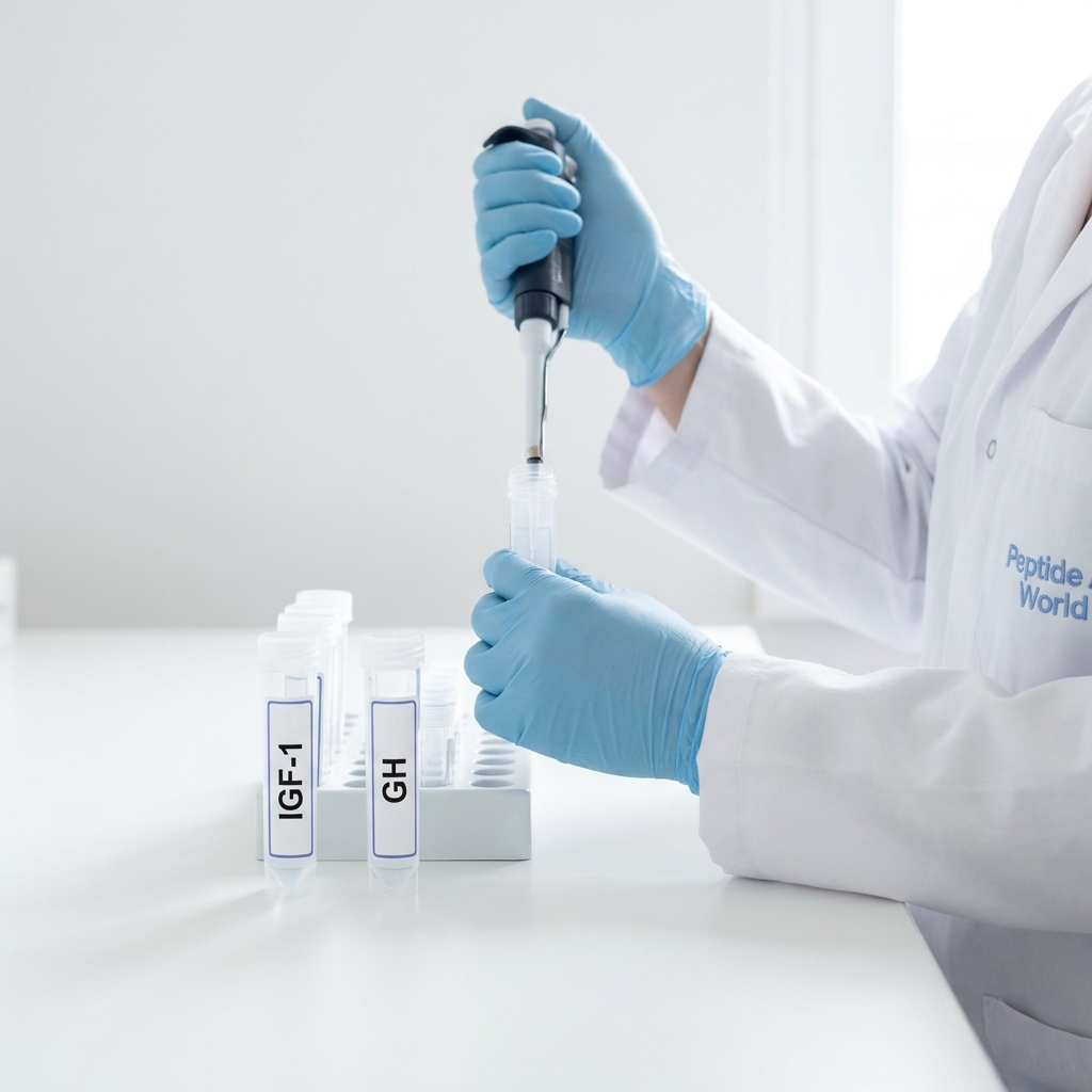Close up of lab technician hands holding test tubes labeled IGF-1 and GH on a clean white bench with Peptide World minimalist styling and subtle 7173eb accents cjc 1295