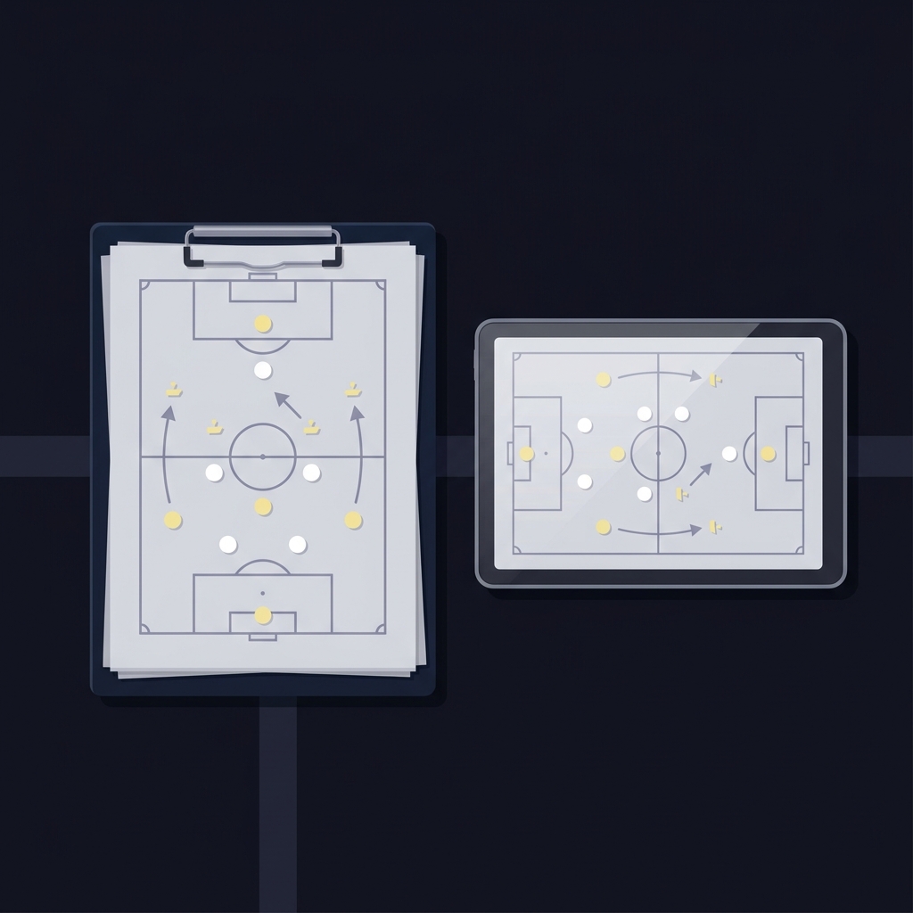 Minimalist 2D vector close up of a coach clipboard and tablet showing a tactical pitch diagram with markers in brand colors for fulham prediction