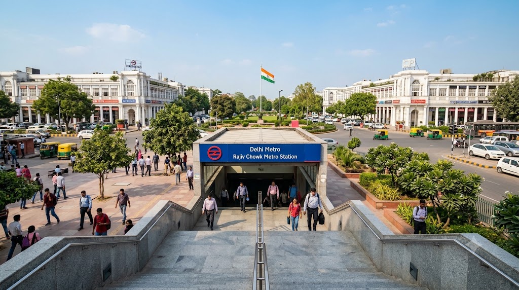 Delhi tourist places near Rajiv Chowk Metro Station with Connaught Place in the background
