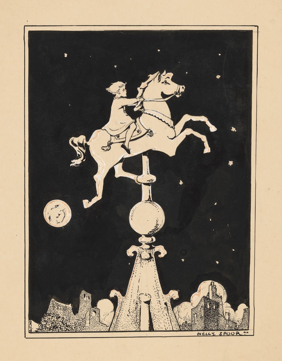 Meisje berijdt een paard op een torenspits 1895   1950