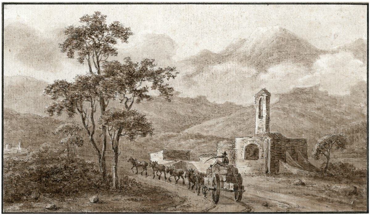 Landweg met kerkje in de omgeving van Perpignan
