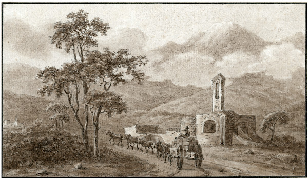 Landweg met kerkje in de omgeving van Perpignan