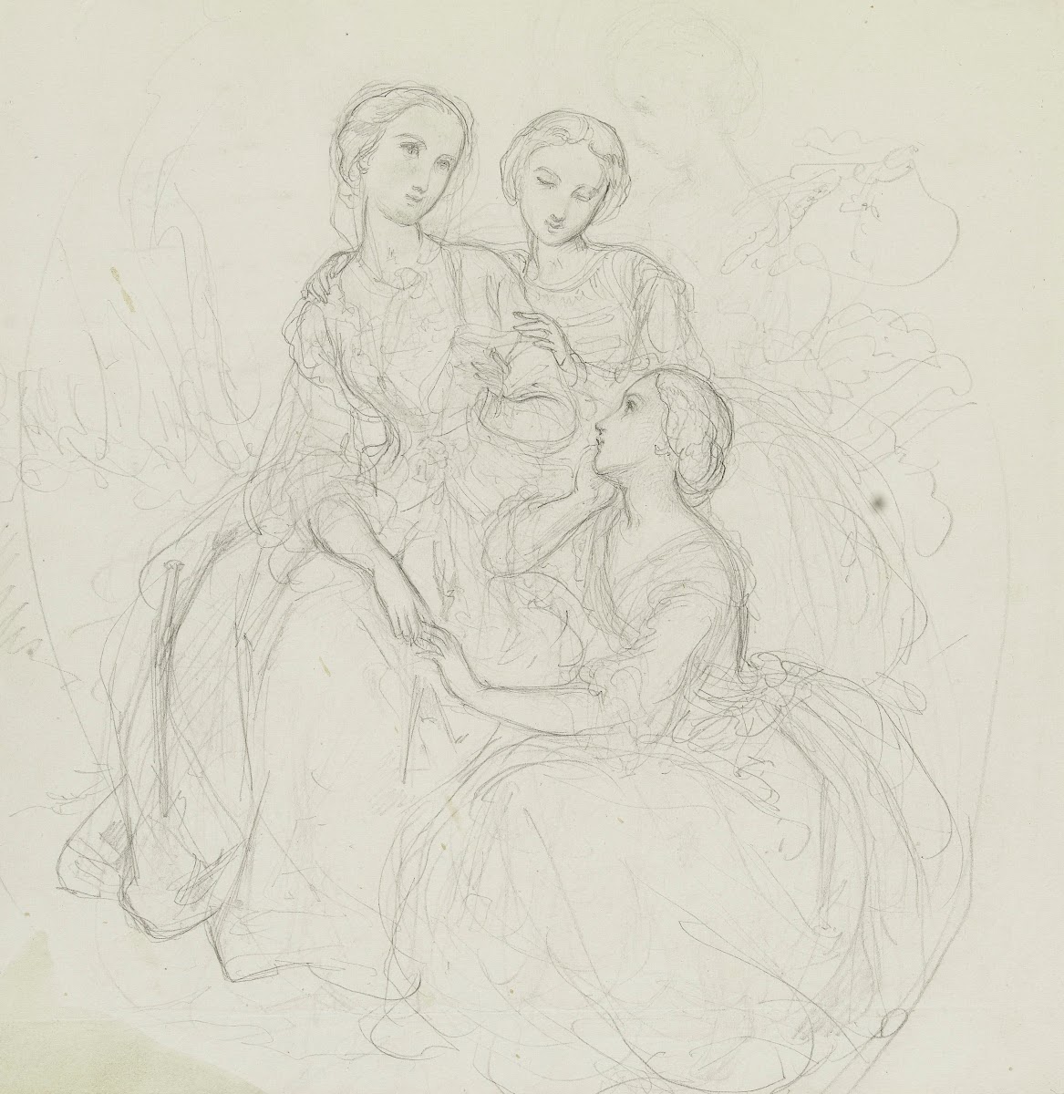 Trois Femmes Assises Et Contemplatives En Longues Robes 1850 1860