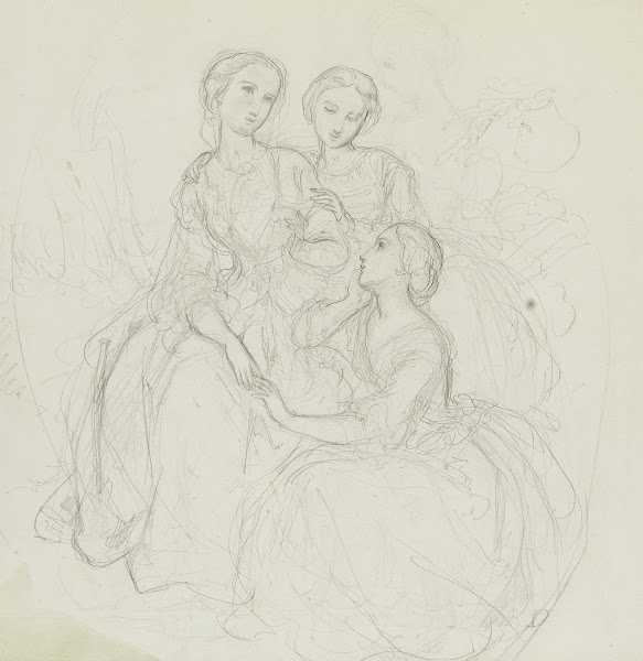 Trois Femmes Assises Et Contemplatives En Longues Robes 1850 1860