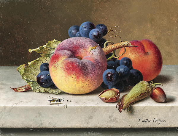 Still Life with Peaches Red Grapes Hazelnuts and a Wasp