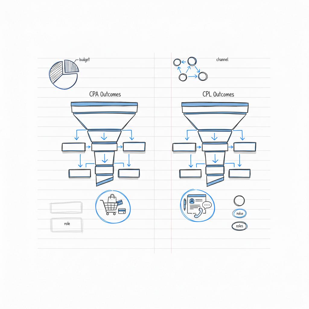 Notebook-style sketch comparing two side-by-side marketing funnels for CPA vs CPL using hand-drawn line art in #39383f with #1a5bfb accents on a white background