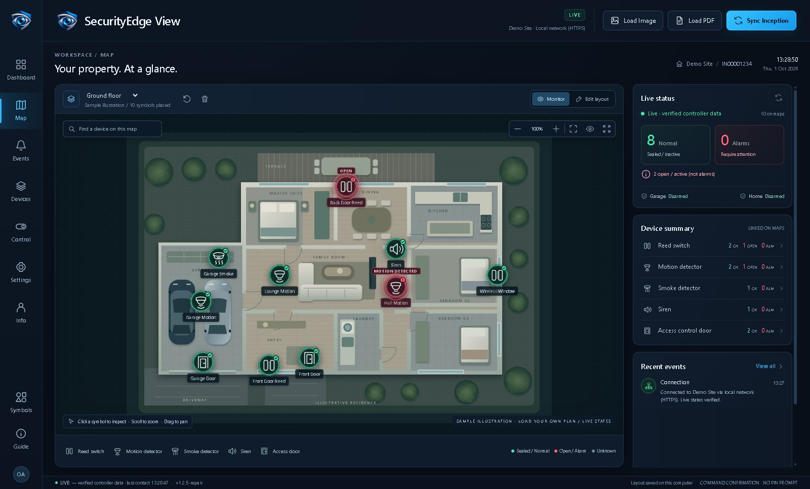 SecurityEdge View showing a floor plan with live door, motion, smoke and siren symbols