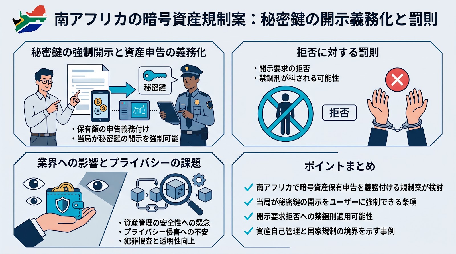 南アフリカの暗号資産規制案、秘密鍵の開示義務化と拒否への罰則を検討
