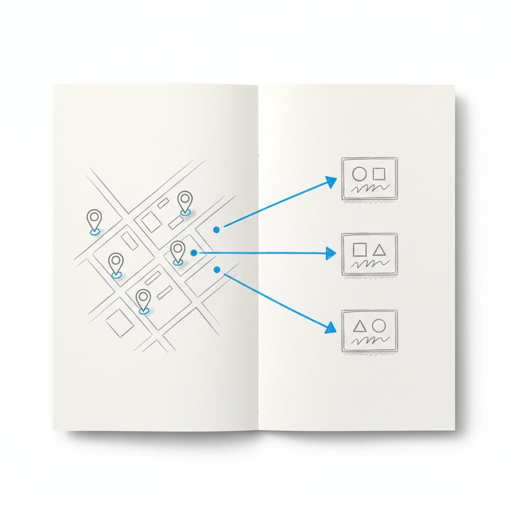 Notebook sketch showing a before-and-after campaign layout: left neighborhood map with pins, right three ad mockups connected by blue arrows #1a5bfb, minimalist &mdash; Nextdoor for business