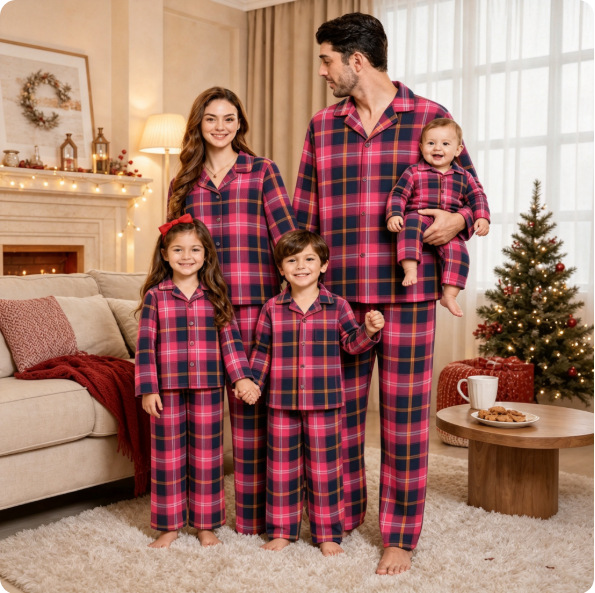 Family Pajama Set, checked, long-sleeve, with lapel