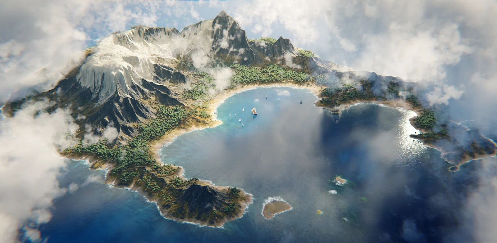 Tropical Island, Aerial View, Mountain Landscape, Coastal Scenery 2K Wallpaper Background (3840x1879)