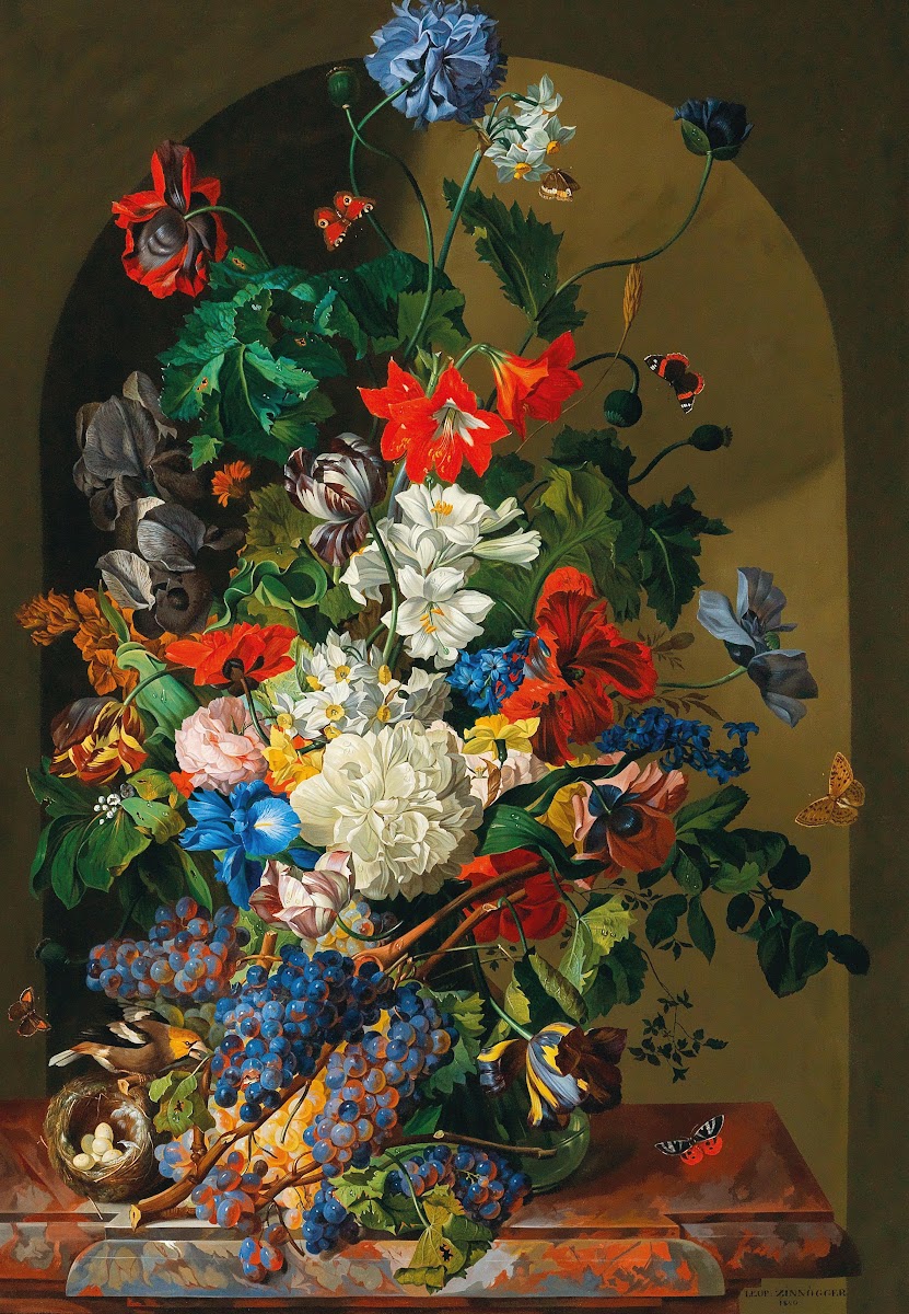 A large bouquet of flowers with a birds nest butterflies and grapes 1840