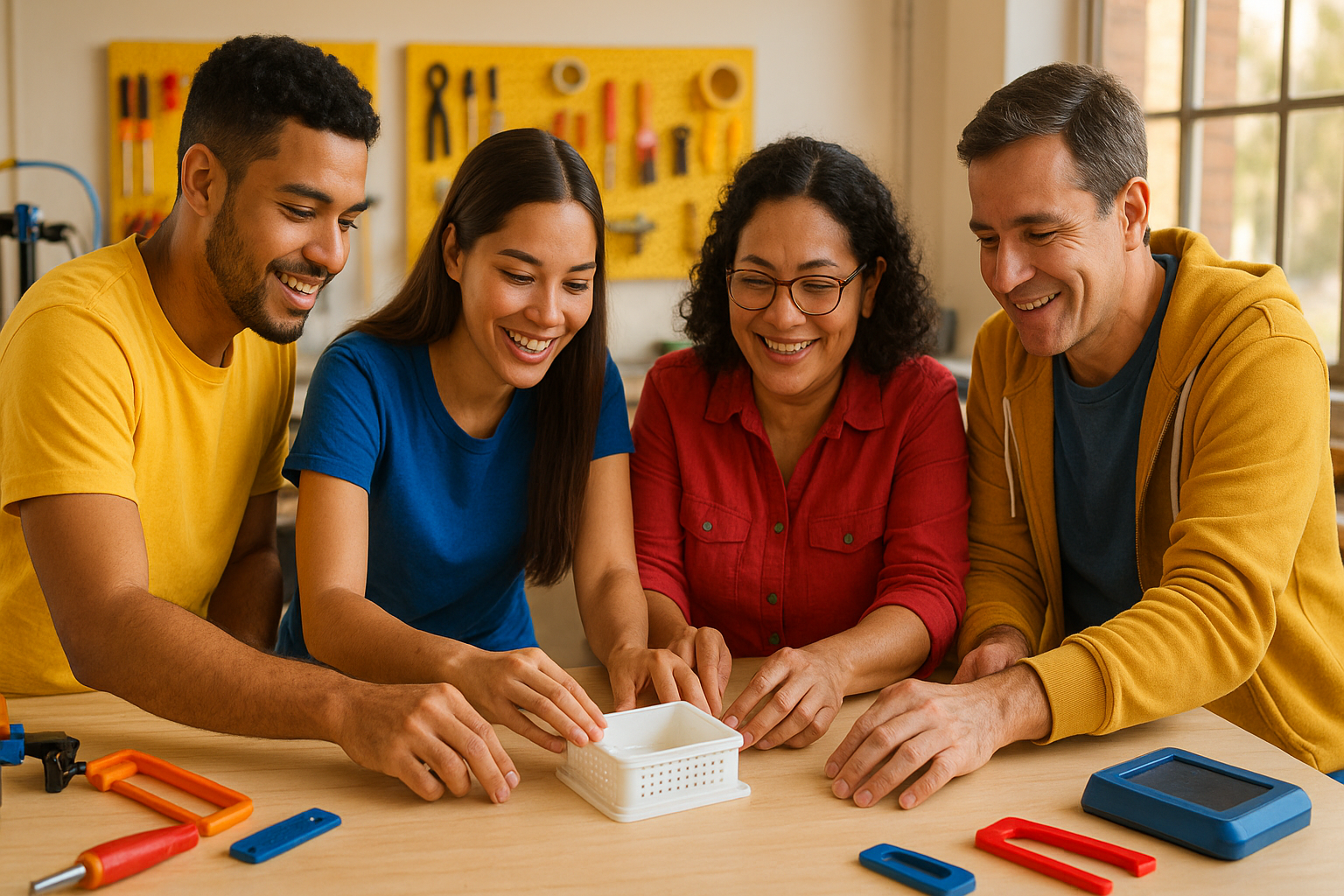 Venezolanos colaborando en un taller con impresoras 3D y corte láser