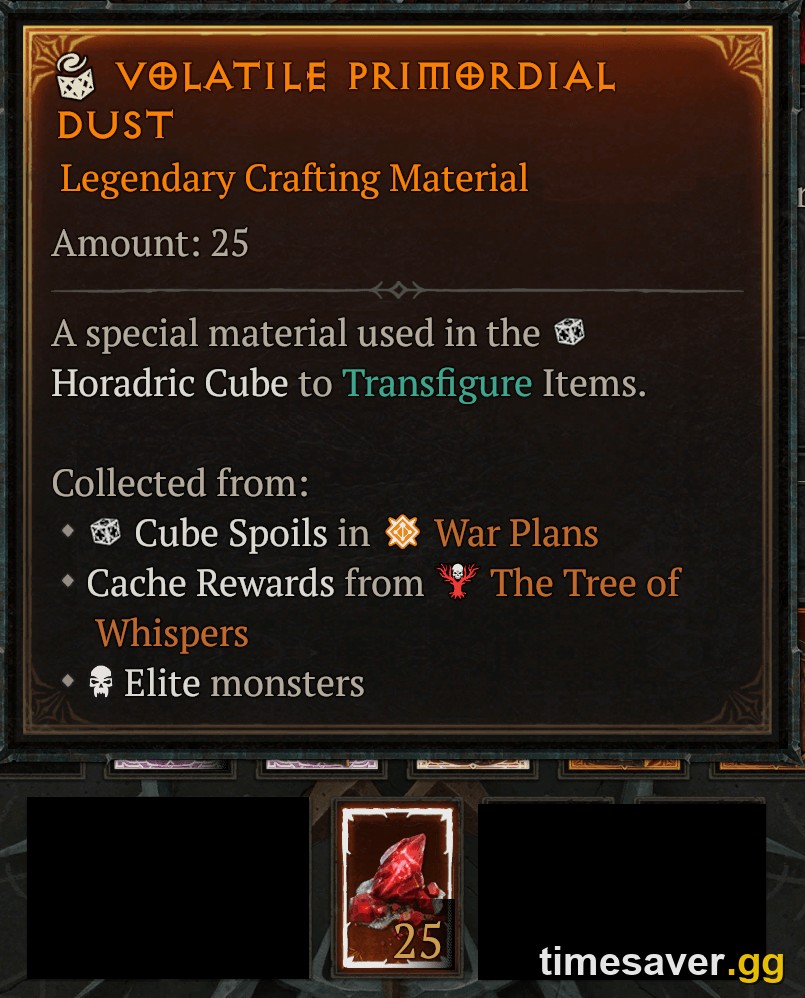 Diablo 4 Primordial Dust crafting material used alongside Infused Horadric Resin in charm rerolls