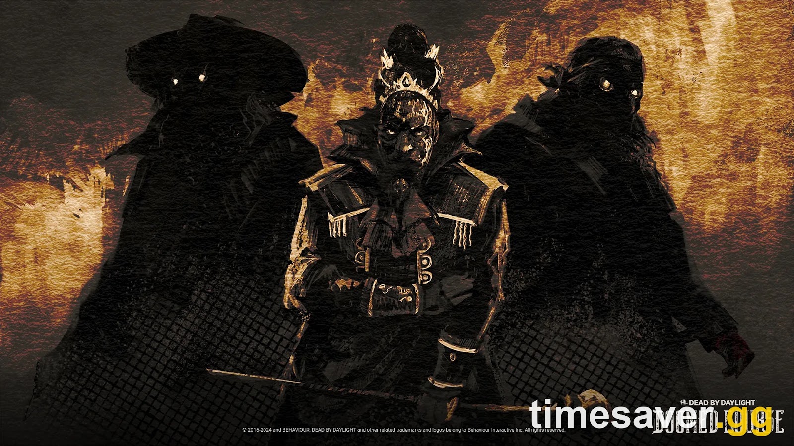 Official Dead by Daylight Doomed Course key art showing The Houndmaster flanked by two silhouettes