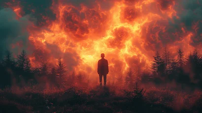 Ai Art, Illustration, Fire, Standing, Forest 5K Wallpaper Background