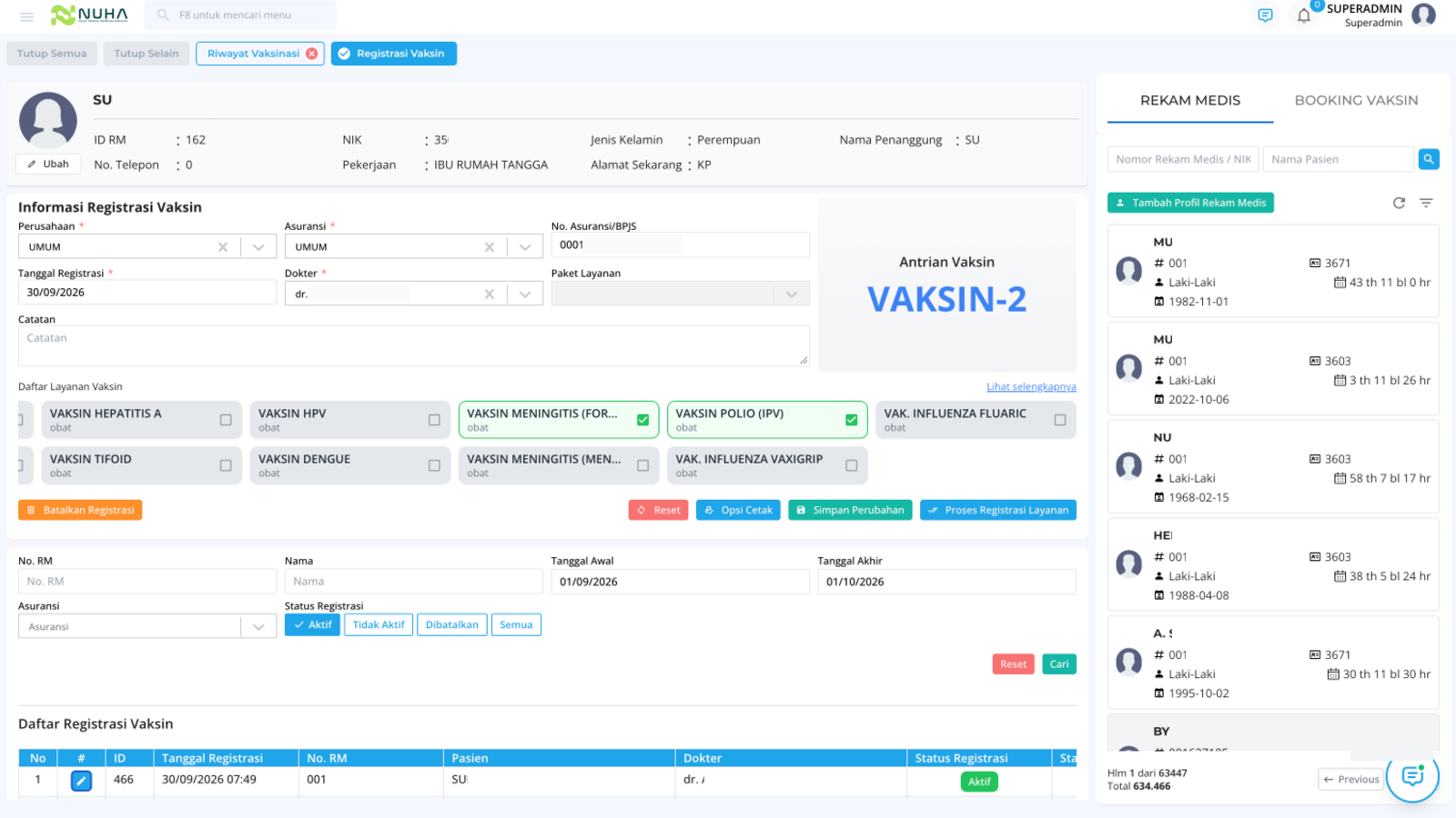 Tampilan fitur Registrasi Vaksin pada Modul Vaksin NUHA