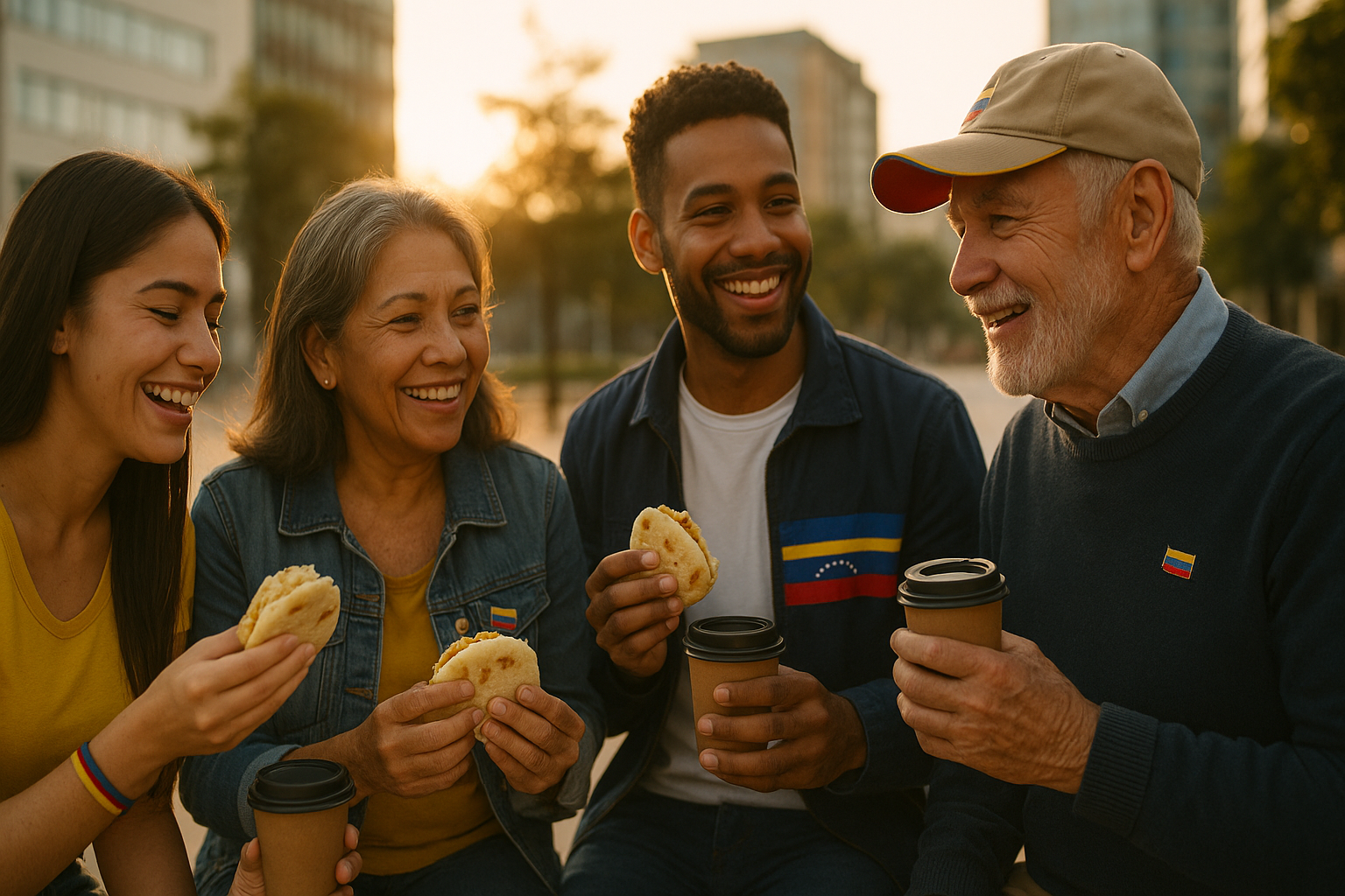 Venezolanos reunidos en una plaza urbana compartiendo comida y sonrisas