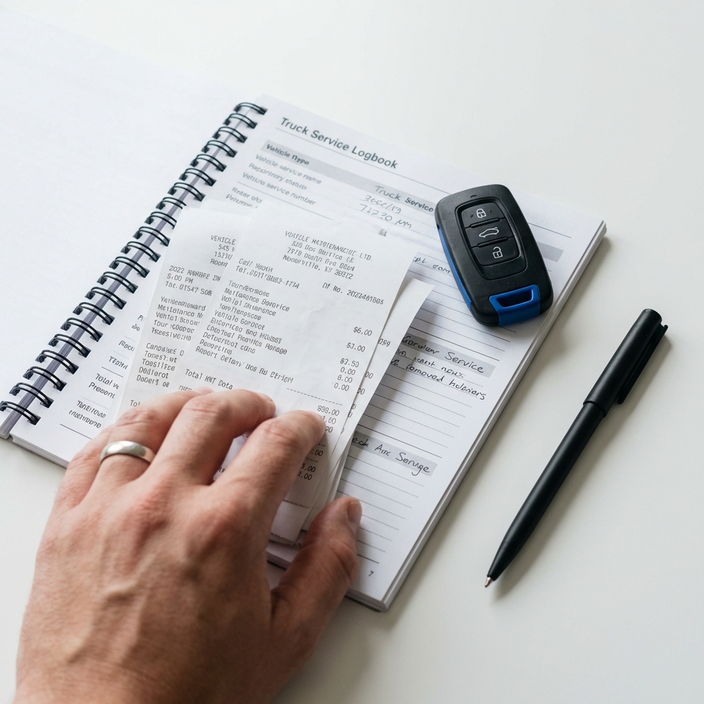 Close up of hand holding printed maintenance receipts next to open truck service log and key fob on white background minimalist layout for kelley blue book trucks