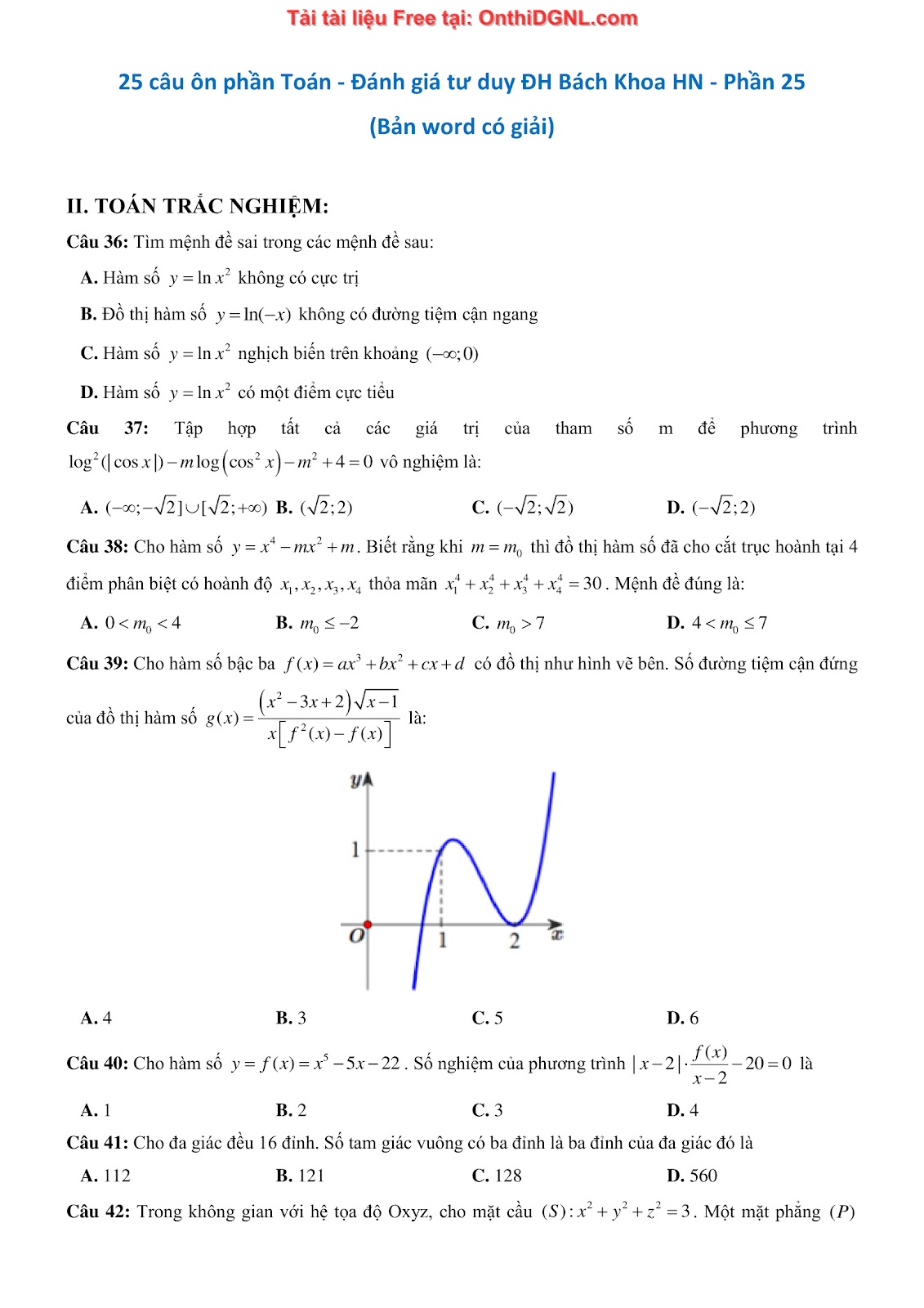 475 bài tập môn Toán - Ôn thi ĐGTD ĐH Bách Khoa Hà Nội Phần 13
