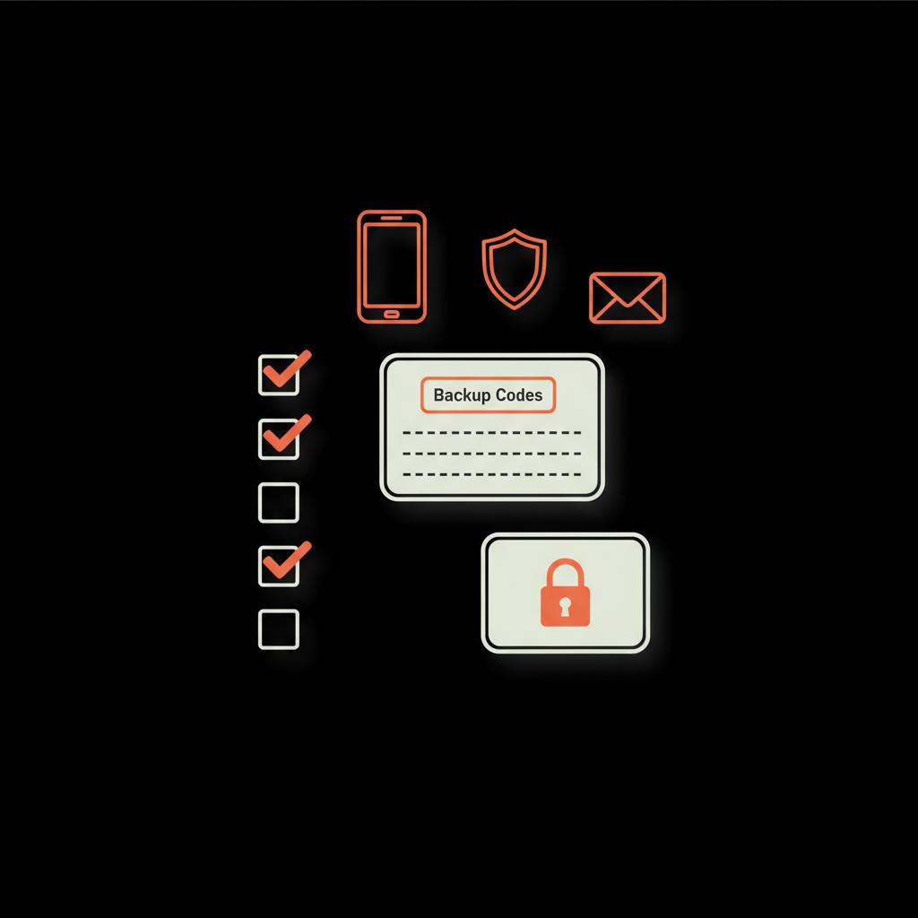 Minimal full-frame infographic with a checklist, backup codes card and icons (phone, shield, email) illustrating how to recover Gmail password.