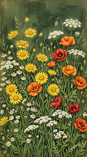 Illustration of a Vibrant Meadow of Assorted Wildflowers - Free mobile Wallpaper