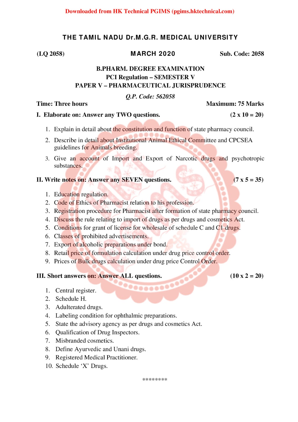 PHARMACEUTICAL JURISPRUDENCE TNMGRMU 5th Semester B.Pharmacy Previous Year's Question Paper,BP505T Pharmaceutical Jurisprudence,