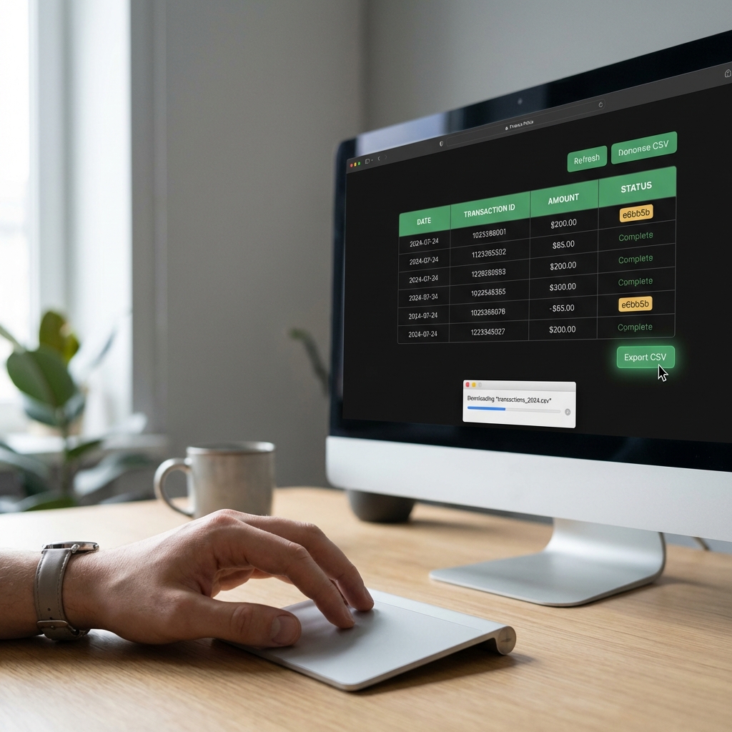 Person exporting CSV from a desktop trading app showing columns date transaction id and amount in a neutral office setting app for crypto trading