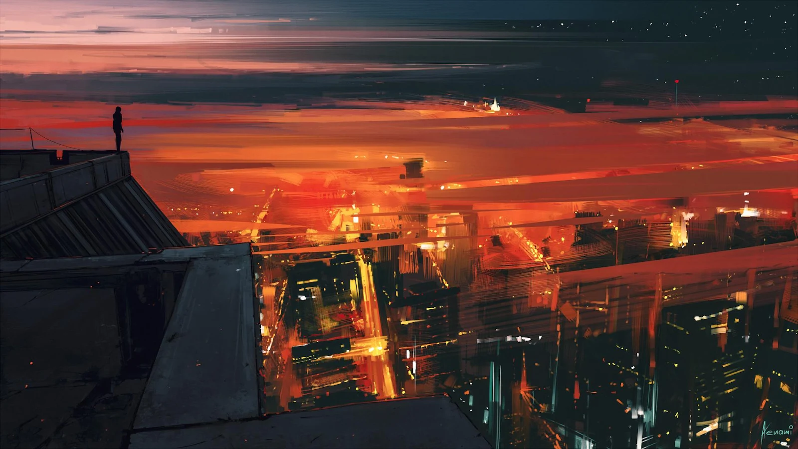 Cityscape, Digital Painting, Rooftop, Sunset Full HD Wallpaper Background (1920x1080)