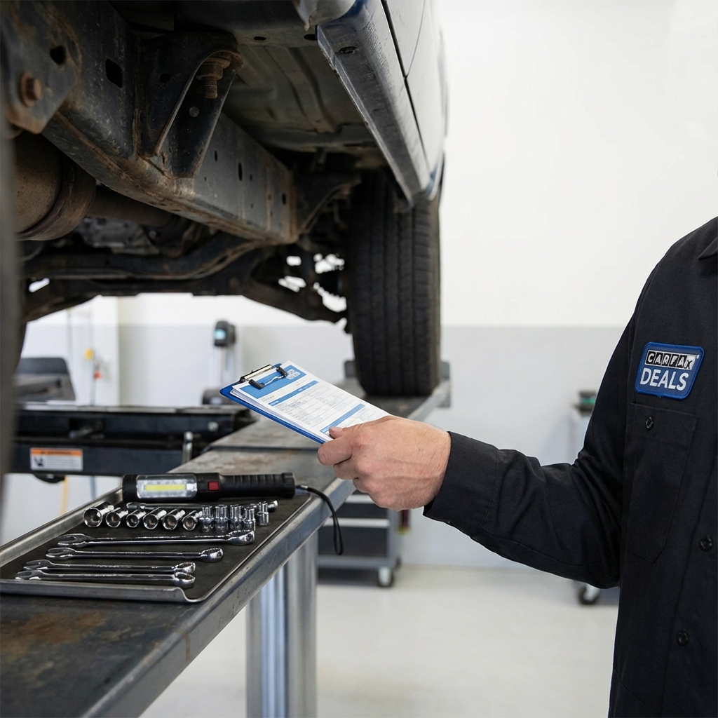 Mechanic inspecting underside of a pickup truck on a lift focusing on frame rails and suspension mounts with tools and clipboard nearby tacoma trucks for sale