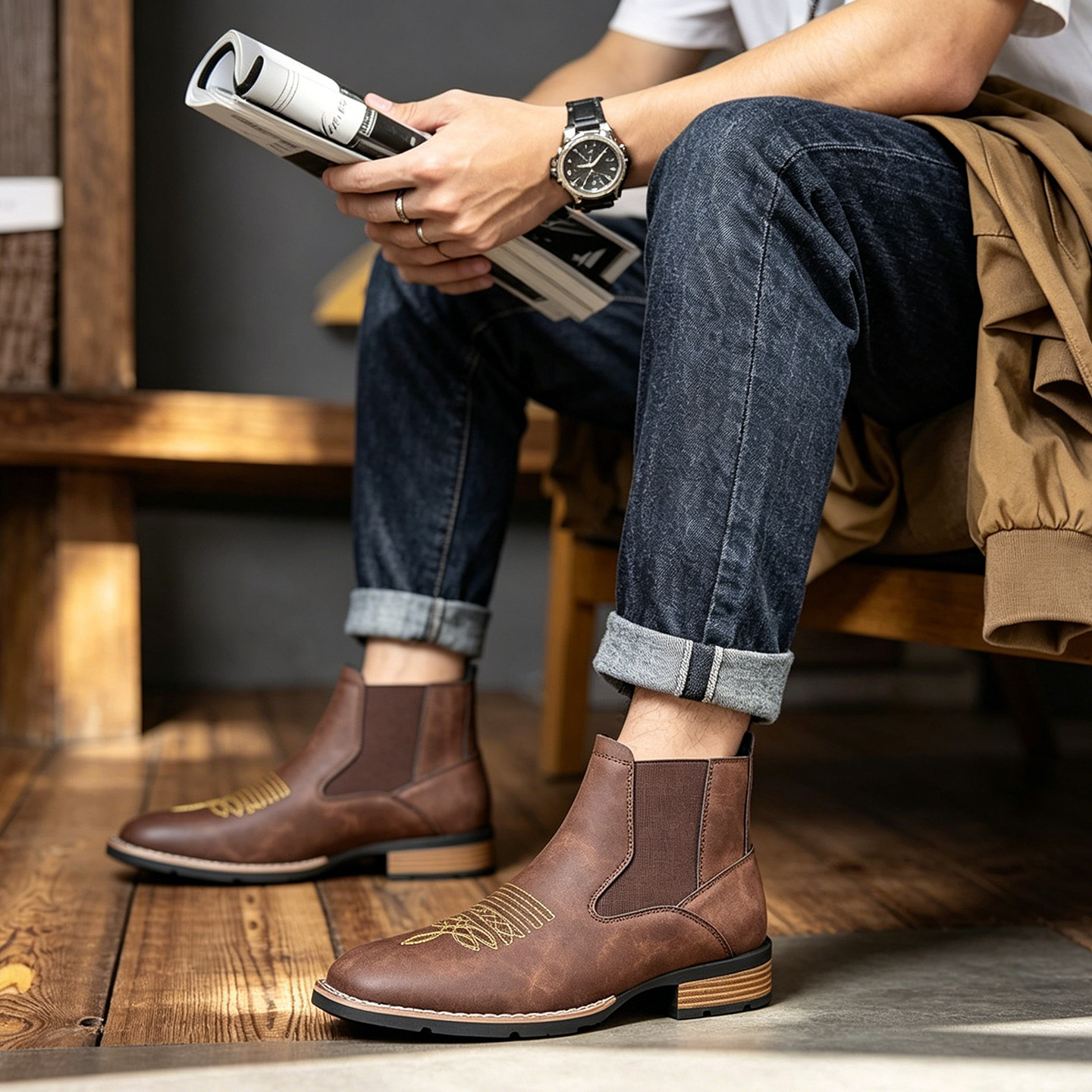  Men's Chelsea boots, square toe, synthetic leather, slip-resistant
