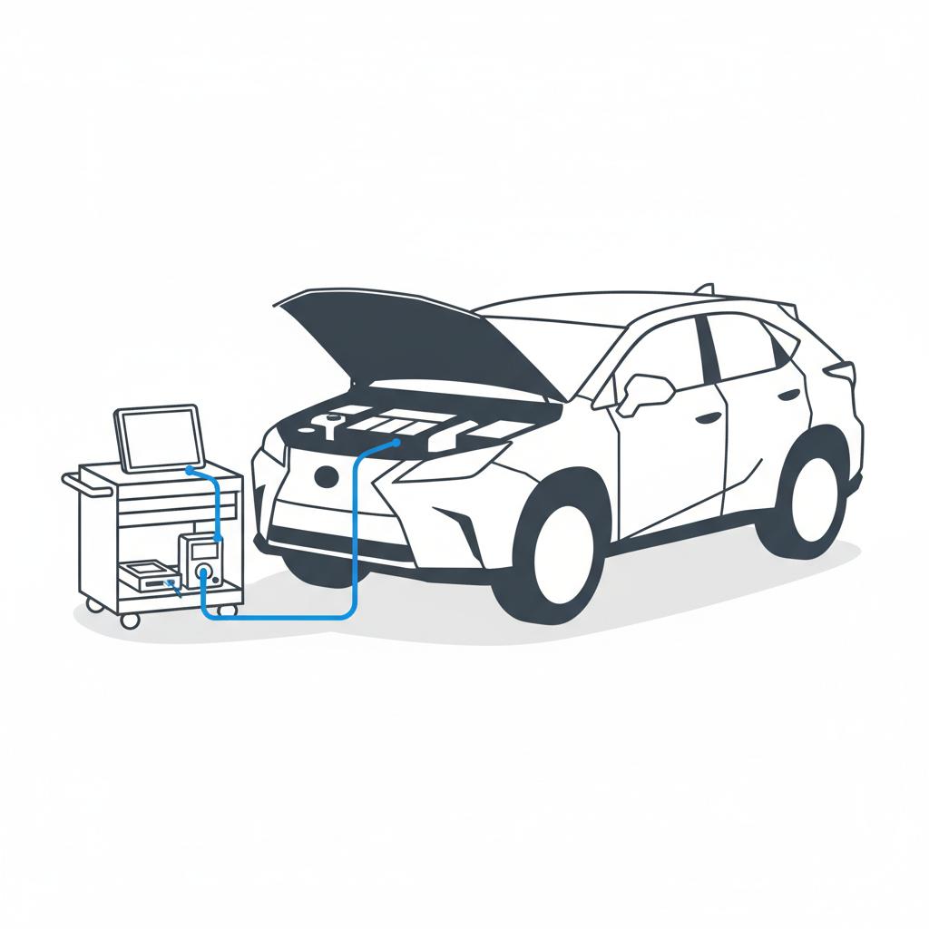 Minimalist vector illustration of a lexus suv for sale with hood open and diagnostic equipment on a tool cart connected to the engine