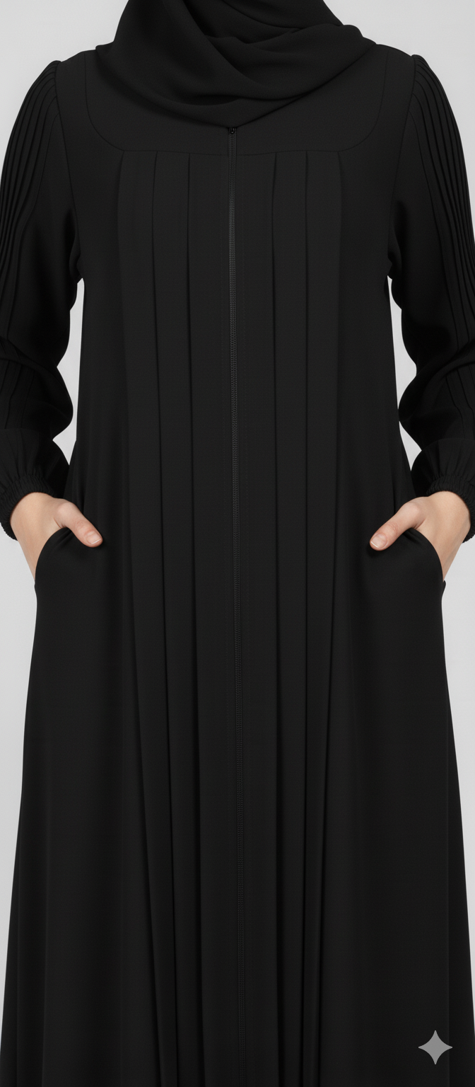 Abaya with Zipper Front Pleated - Modest Tailored Dress with Pocket