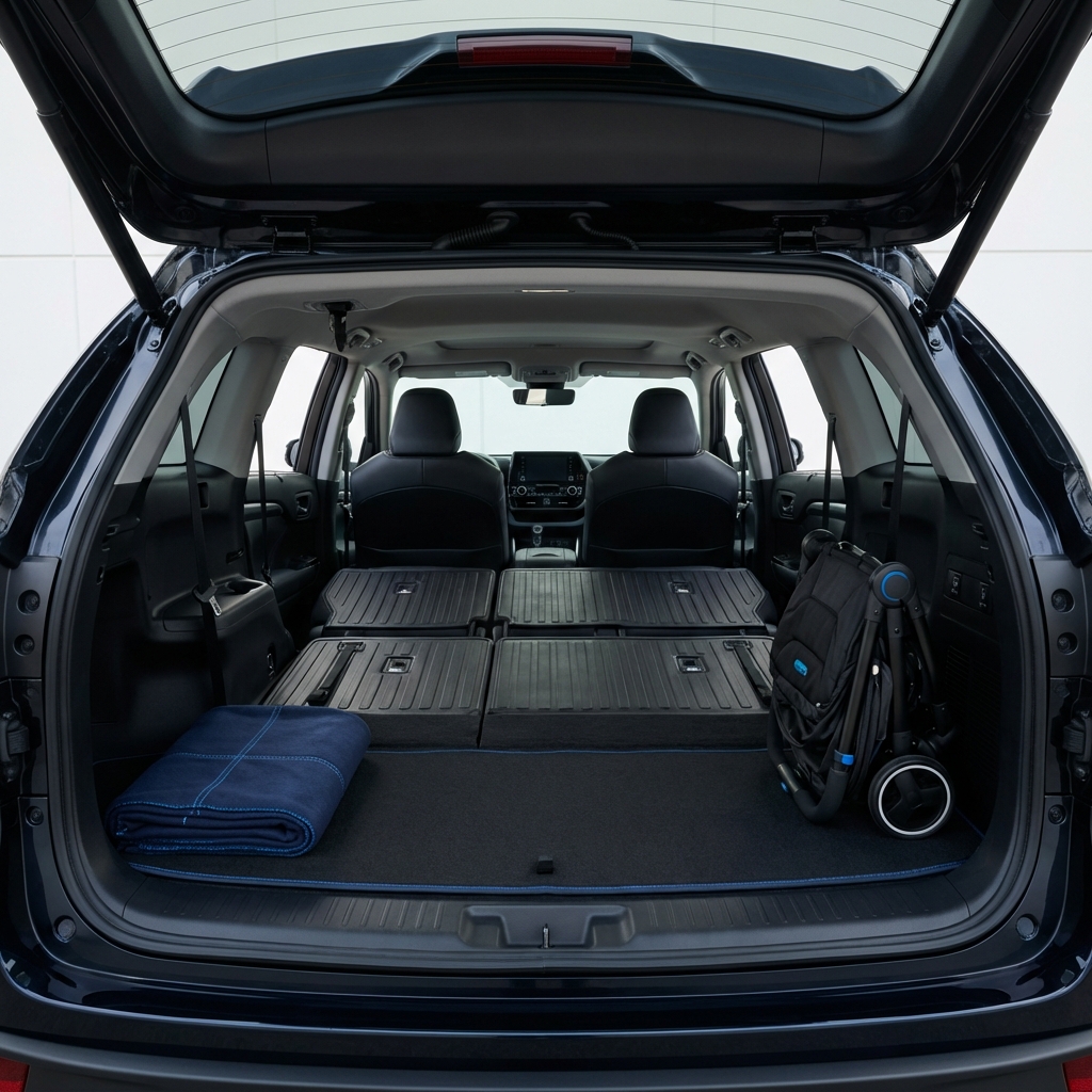 toyota land cruiser for sale interior showing highlander third row seats folded flat for cargo tidy minimalist family practical perspective on white background with blue accent