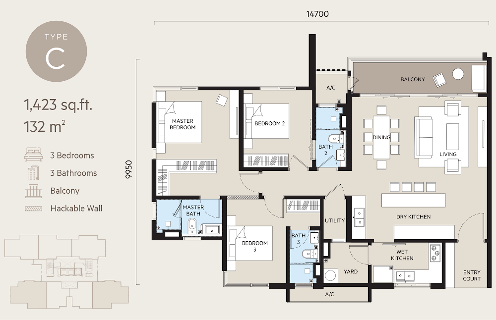OAKA Residences Type C floor plan — 1423 sq ft, 3 bedrooms