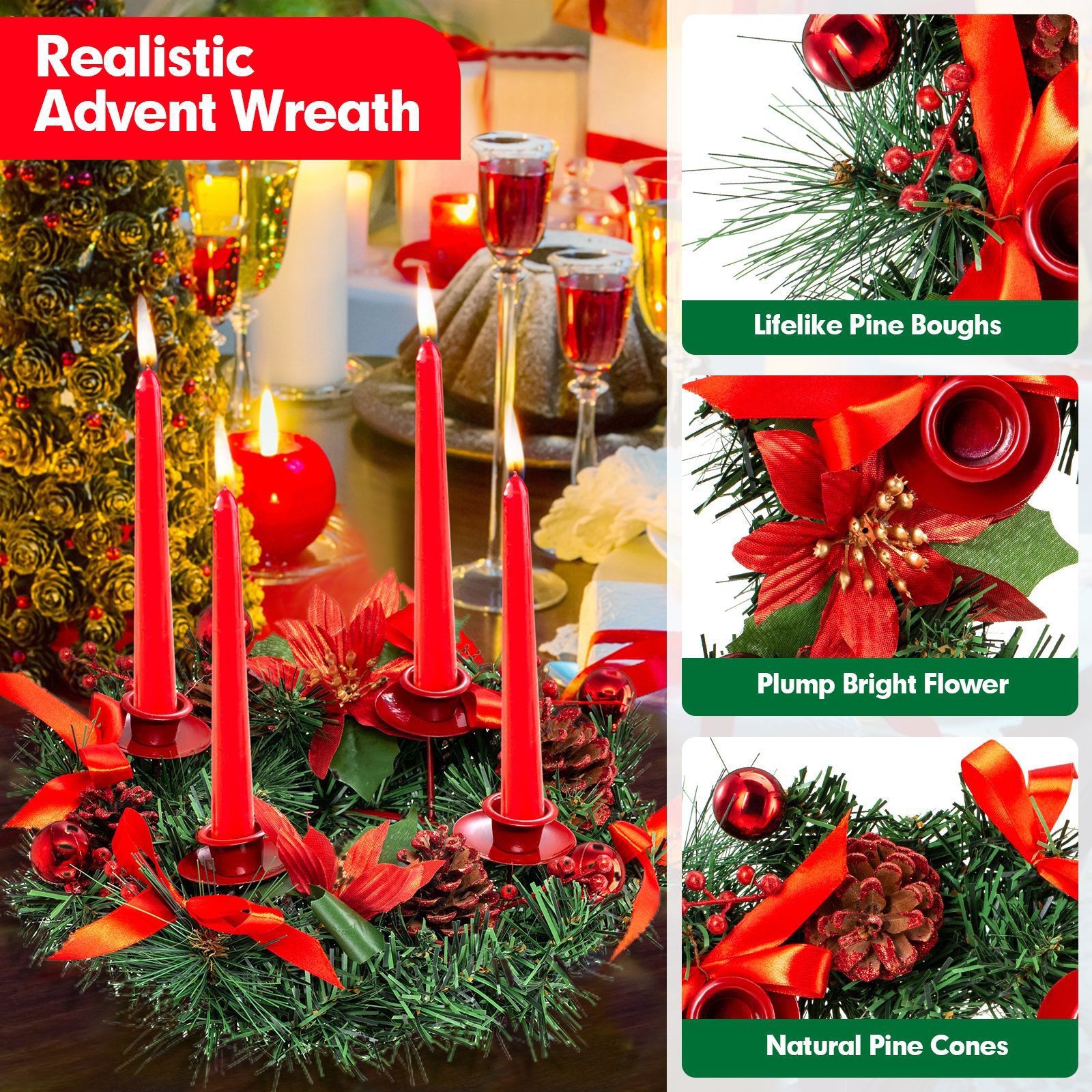 Christmas Advent Wreath with Red Ribbon, 30 cm