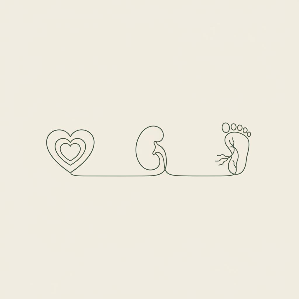 Tonum-style line icons: heart with concentric rings, kidney, and peripheral nerve footprint connected by a thin line to represent systemic disease — red flag of amyloidosis
