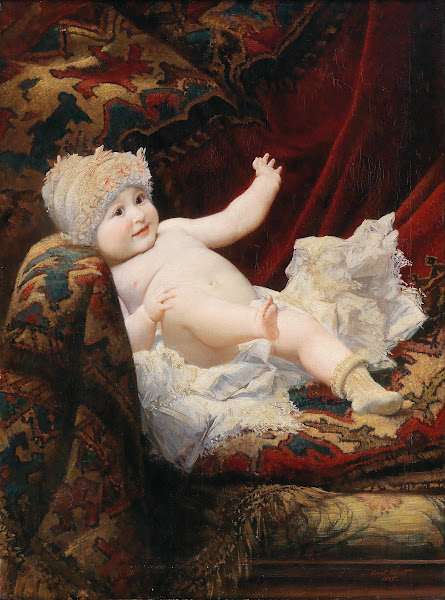 Portrait of a baby with lace bonnet 1885