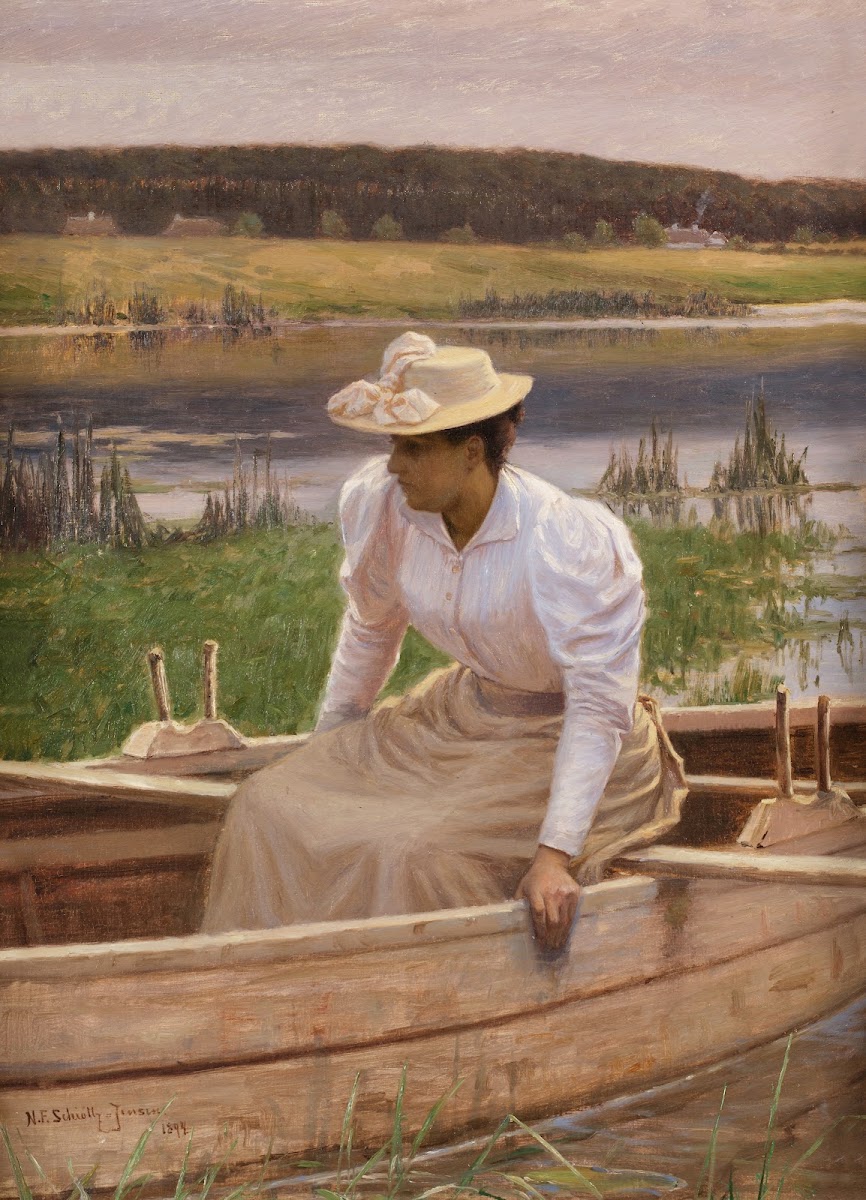 Lady in a Row Boat Lille robåd ved søbredden 1894