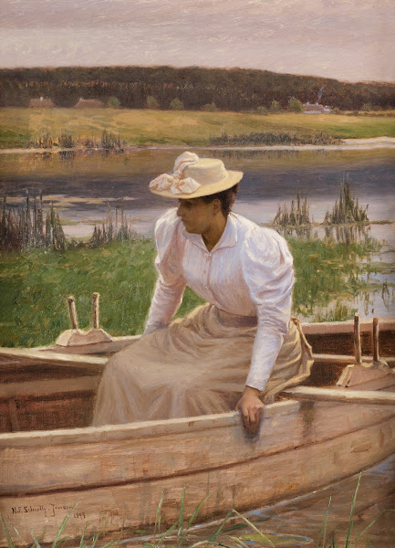 Lady in a Row Boat Lille robåd ved søbredden 1894