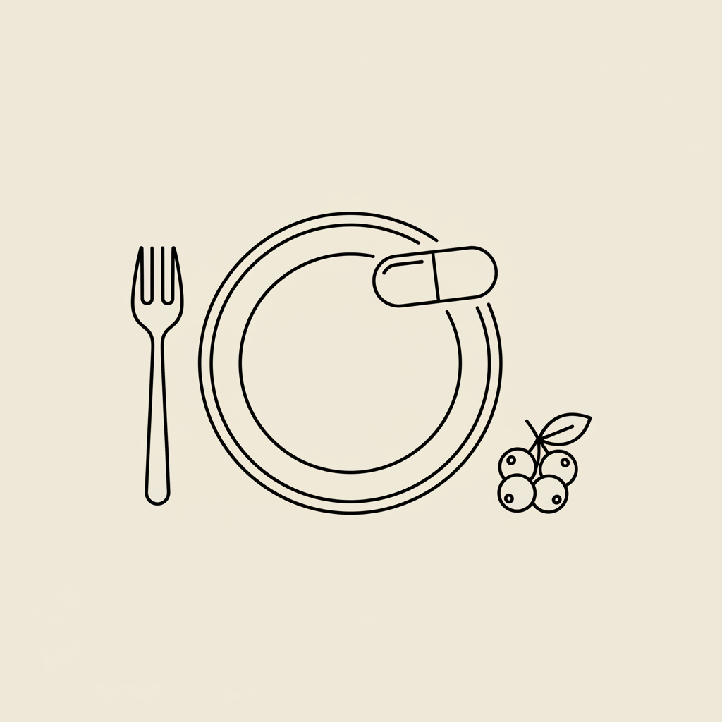 Minimalist 2D vector line illustration of a plate with fork, a capsule, and a small bunch of berries on a beige background, visual concept for a nutrition coach