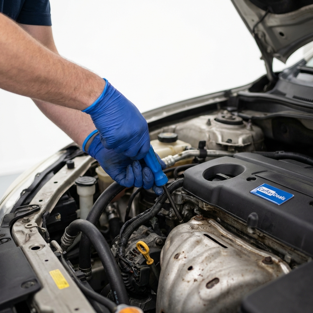 Close up of mechanic hands inspecting engine components with tools during a pre purchase inspection representing most reliable used cars