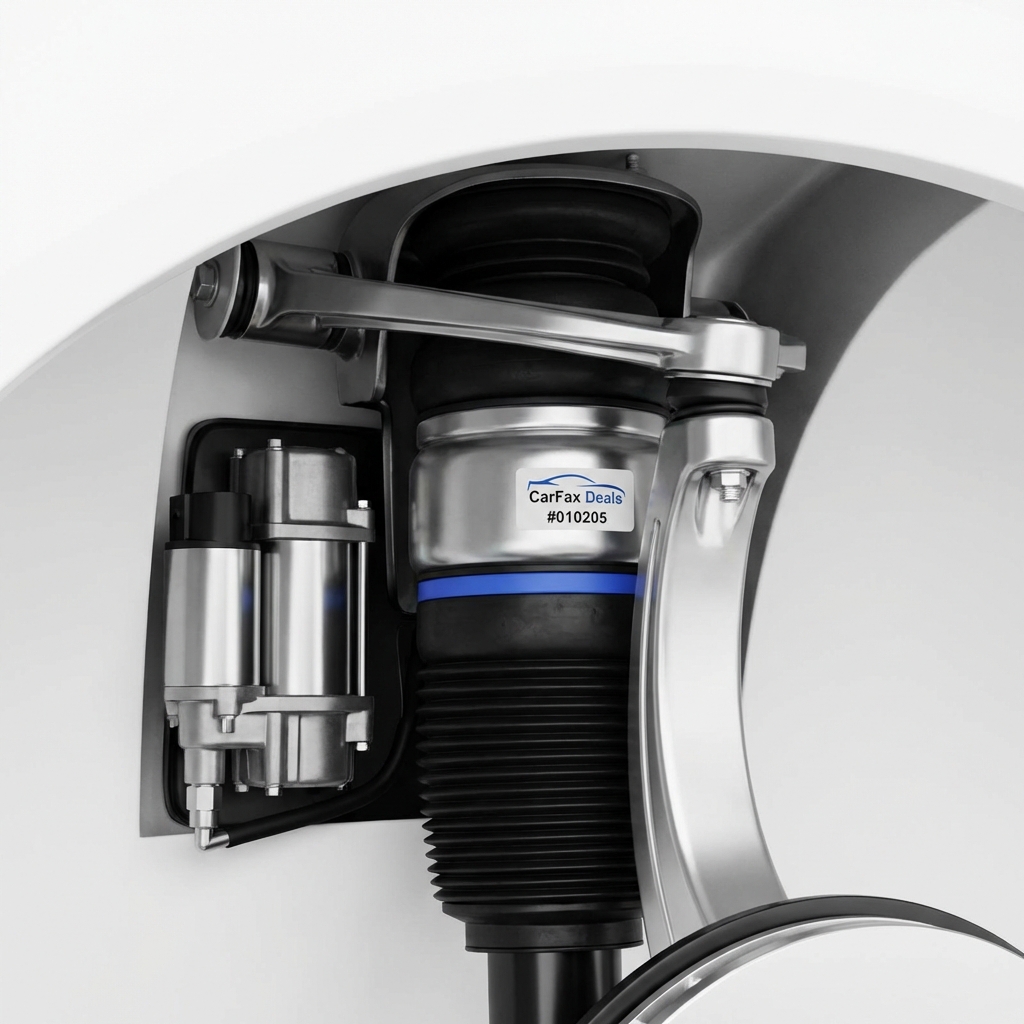 Close up photo of Volvo XC90 air suspension compressor and air spring under wheel well for volvo xc90 for sale clean minimal lighting white background