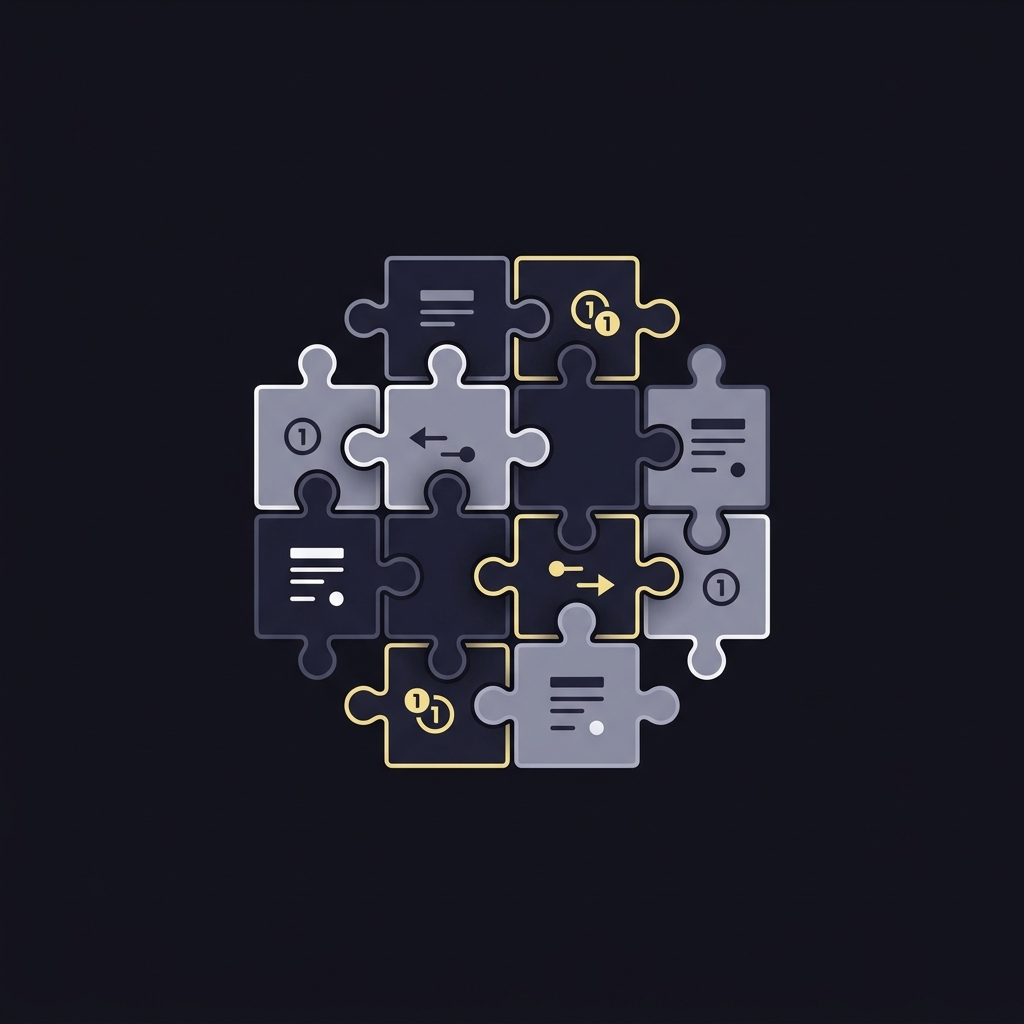 Minimalist vector graphic of trade pieces as puzzle pieces representing small contracts and second round picks fitting together for a lakers pelicans prediction article