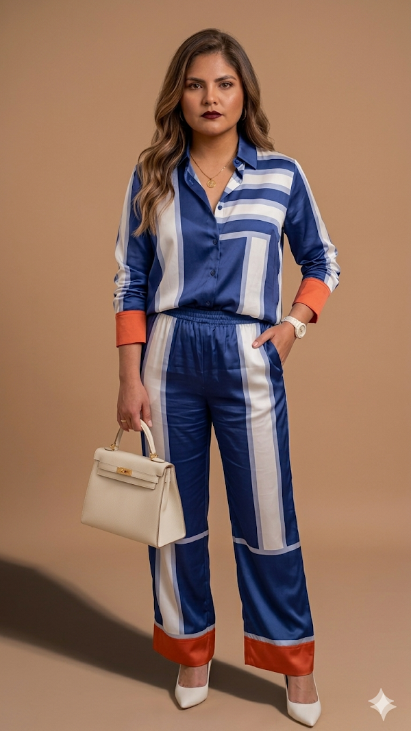 Set en Seda de Pantalón y Blusa Azul Turquí