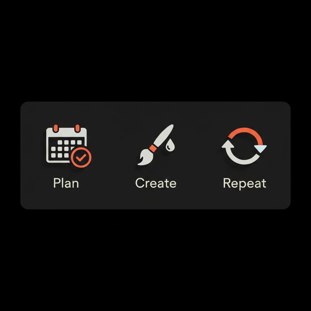 Minimal full-frame infographic card showing three steps: Plan — Create — Repeat with vector icons on black background and white/amber accents. How much is a blue check for Instagram?