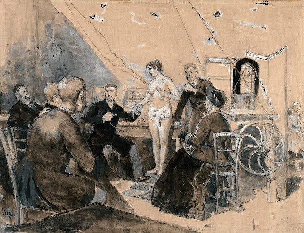 A doctor demonstrating electrotherapy on a young semi nude
