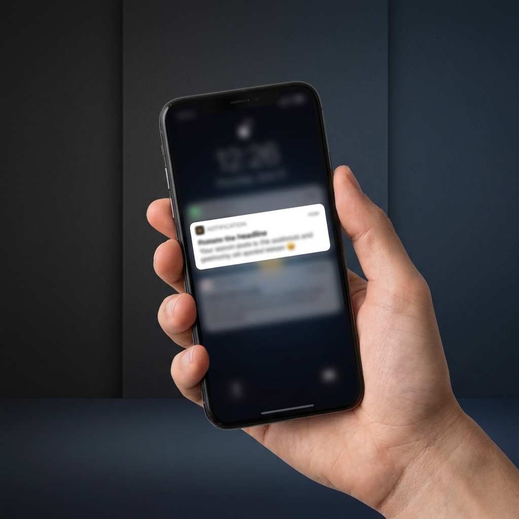 Close up of a hand holding a phone showing a blurred app notification about a limited time offer on a dark minimalist background circa sportsbook promo