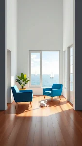Minimalist Coastal Living Room, Ocean View, Blue Chairs