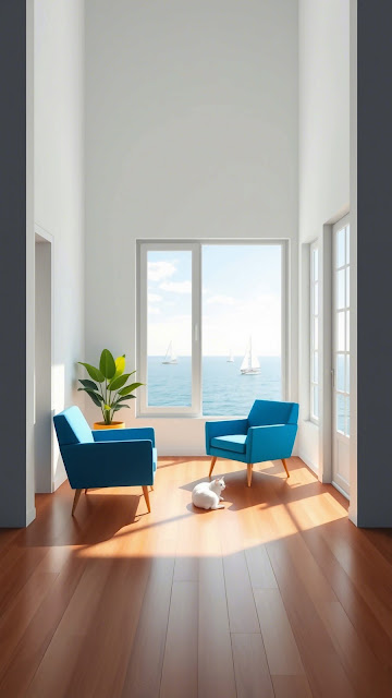 Minimalist Coastal Living Room, Ocean View, Blue Chairs - Free mobile Wallpaper
